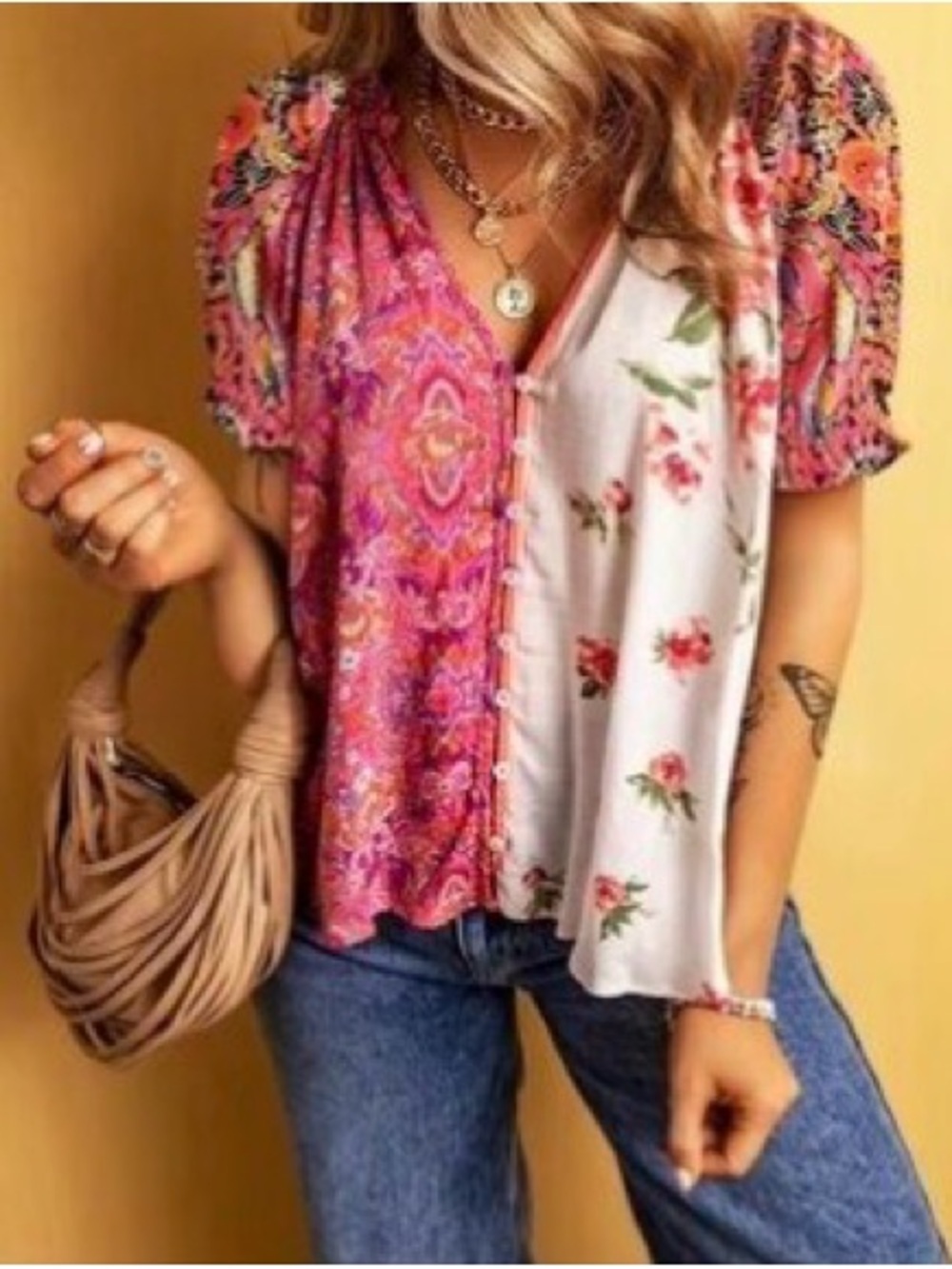 Mixed Print Floral Paisley Button Front Blouse Pink White XL Short Sleeve Top
